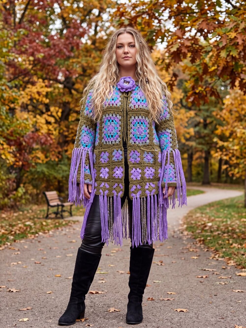 Olive Green Colourful Granny Square Lavender Purple Fringe XL